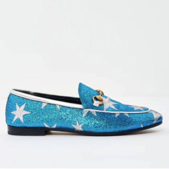 Gucci | Jordaan Blue Star Silver Metallic Loafers with Gold Horsebit Size 34.5 - Picture 1 of 8